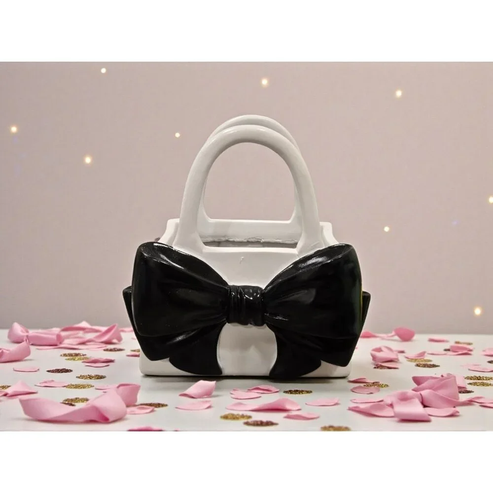 New Large White & Black Bow Purse / Clutch Flower Pot Planter Kitchen Gardening